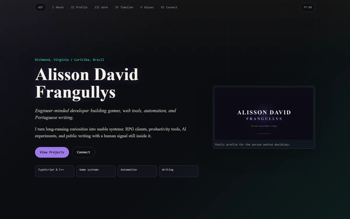 Alisson David Frangullys personal site hero page