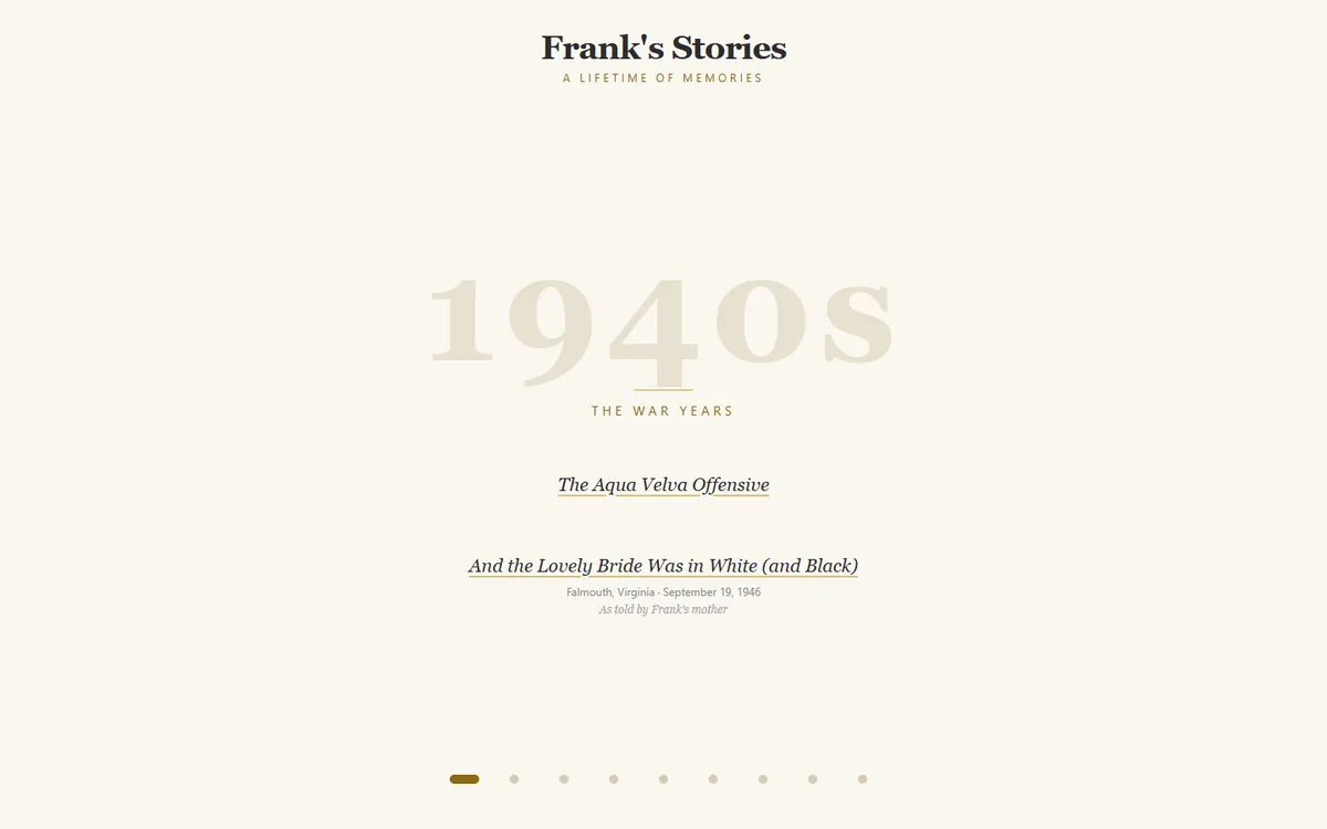 Frank's Stories timeline landing page for the 1940s
