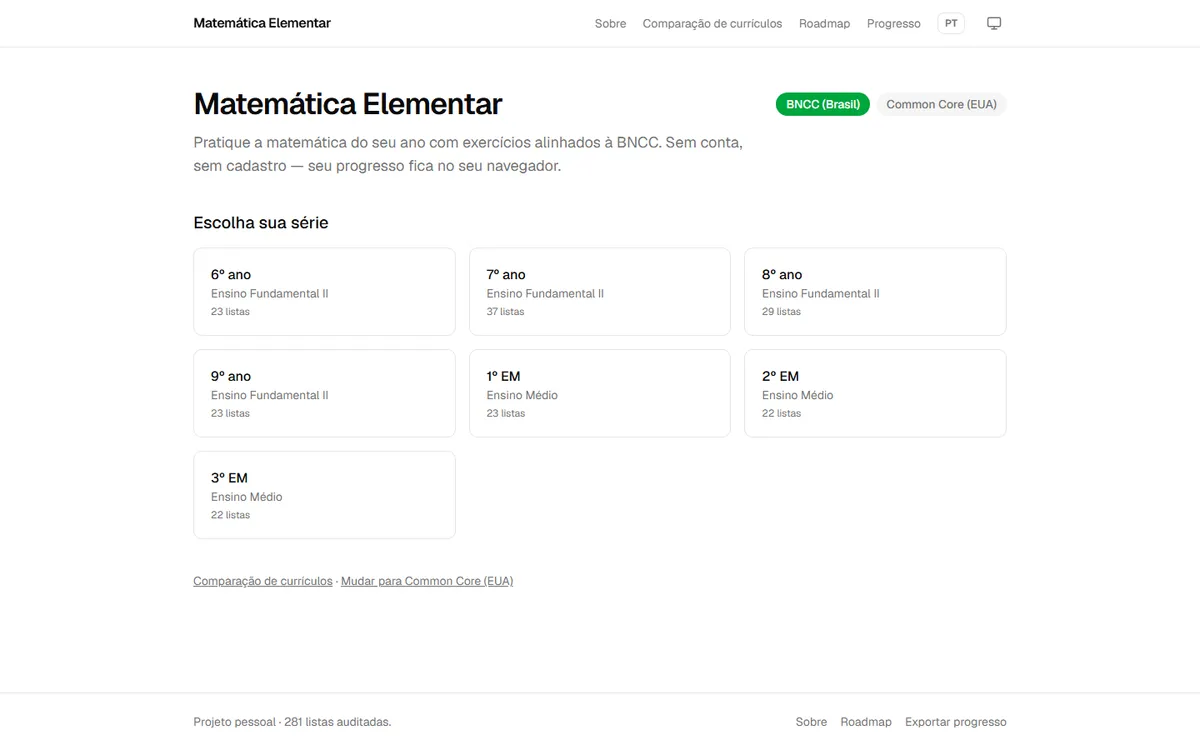 Matemática Elementar home page with grade selection cards