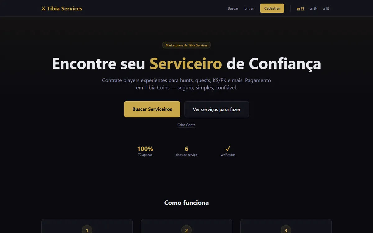Tibia Services landing page with marketplace call to action